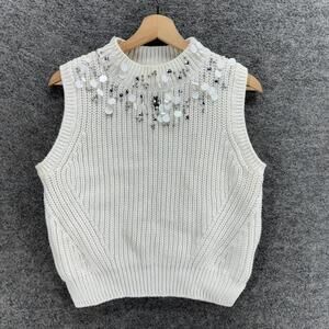 H&M Vest Women L Large White Knit Sleeveless Crew Neck Cotton Sequin Casual